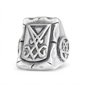 Gothic Lucifer Sigil ring in stainless steel with pentagram detail and silver finish