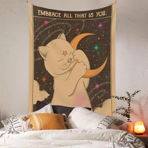 Bohemian cat and moon tapestry for wall decor with stars and motivational quote