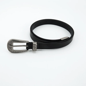 Vintage black leather belt with ornate silver-tone carved buckle for jeans