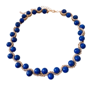 Vintage gold twisted chain necklace with dark blue lapis beads and adjustable lobster clasp