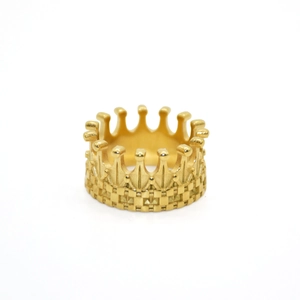 Polished 18k gold plated stainless steel crown ring featuring unique textured base
