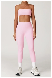 Detail of pink brushed yoga set featuring seamless sports bra and high waist leggings