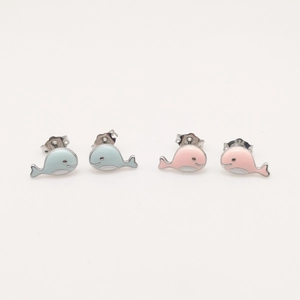S925 sterling silver whale stud earrings in pink and blue enamel finish for women