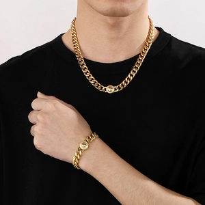 Gold Cuban link chain necklace and bracelet set with CNC diamond-set round clasp
