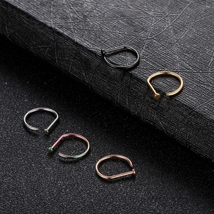 Five assorted D-shaped nose rings in black gold silver rainbow and rose gold finish