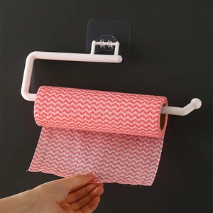 Punch Free Kitchen Paper Towel Rack Self Adhesive Wall Mounted Plastic Roll Holder For Plastic Wrap Dishcloth Towel Storage