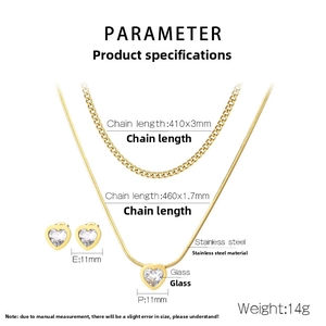 Detail view of gold stainless steel heart necklace set with measurements and specifications