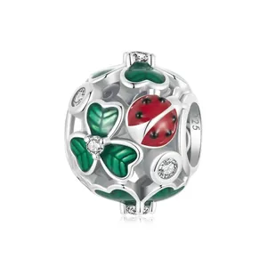 925 Sterling Silver Lucky Four-leaf Clover Charm Bead Green Enamel Ladybug Zirconia Hollow Bead For DIY Bracelet Women Jewelry Gift