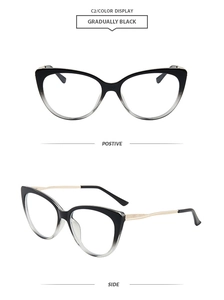 Front and side view of cat eye glasses frames with gradient black finish and gold metal legs