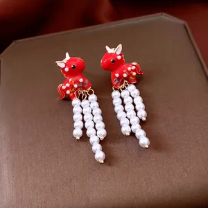 Red Horse Enamel Tassel Earrings With 925 Sterling Silver Earring Post Imitation Artificial Pearl New Chinese Style For Women