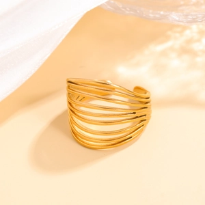 Minimalist multi-layer 18k gold plated stainless steel open ring with textured finish