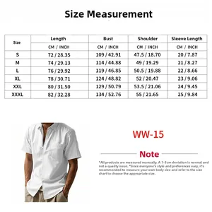 Size measurement chart for men's linen short sleeve shirt including chest and length details
