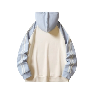 Men's color block hoodie with raglan sleeves and side stripes on white background
