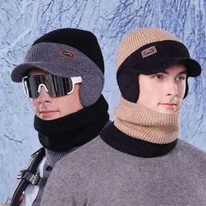 Bonnet En Tricot D'Hiver Et Cache-Cou Doublure Polaire Oreillettes Visière Chaud Extérieur Équitation Hommes Femmes