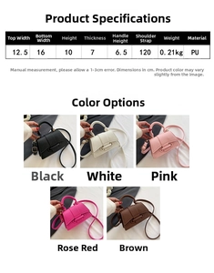 Detailed size specifications and five-color grid display of the small PU leather handbag