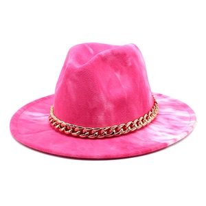 Wide Brim Fedora Hat Wool Felt Tie-Dye Jazz Hat With Thick Gold Metal Chain Fashionable British Style For Women Men