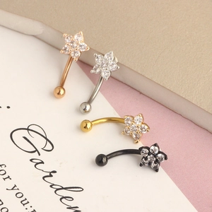 Set of four 16G curved eyebrow rings with flower zircon studs in various metal colors
