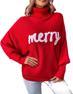 Close-up of red Christmas sweater featuring white plush Merry lettering and knit texture