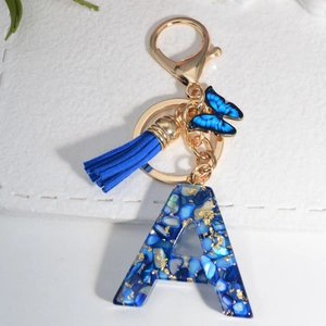 Royal Blue Initial Letter Keychain Resin Alphabet Pendant Gold Foil Shell Butterfly Charm Tassel Bag Decor For Women
