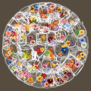 Detailed view of floral glass bottle stickers with colorful roses and autumn leaves