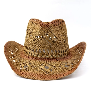 Retro hollow western cowboy straw hat with gradient brim and chin strap for sun protection