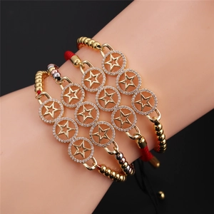 Adjustable Star Charm Bracelet Copper Gold Plated With Zirconia Hollow Round Pendant Handmade Braided Rope Jewelry Women