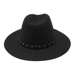 Classic black wool fedora hat with wide brim and metal stud band decoration for men