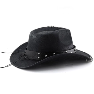 Black western cowboy hat with metal rivets and decorative side rings for parties