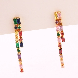 Minimalist long tassel earrings with sparkling multicolored cubic zirconia on gold base