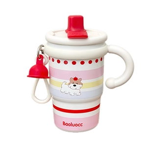 Cartoon stainless steel insulated coffee mug with handle and ceramic liner in pink stripes