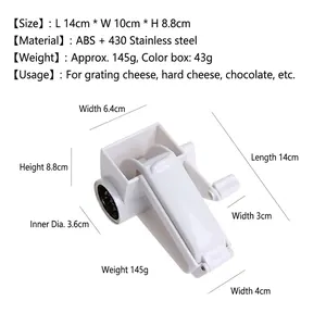 Manual stainless steel rotary cheese grater with white ABS body measuring 14x10x8.8cm