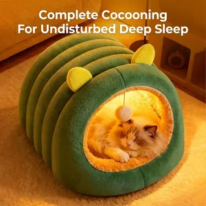 Semi Enclosed Cat Bed Cave Caterpillar Shape Warm Plush Pet Nest House With Hanging Toy Ball For Winter Indoor Kitten