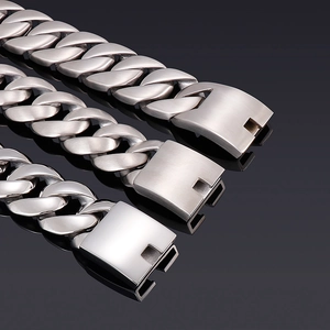 Three silver stainless steel Cuban link bracelets in various widths with polished finish