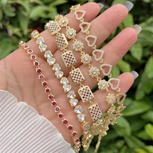 18K Gold Plated Copper Bracelet Cubic Zirconia Heart Flower Geometric Adjustable Jewelry For Women