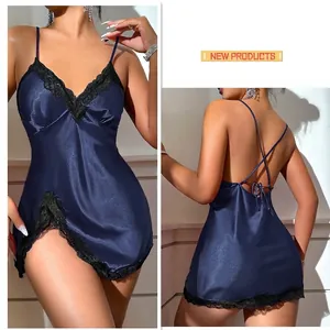 Navy blue satin nightgown with black lace trim and cross-back straps, full front and back view