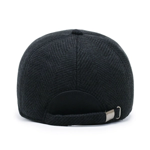 Men's wool blend baseball cap in black herringbone pattern with adjustable back strap