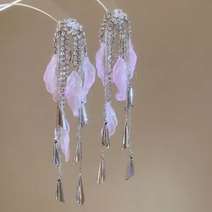 Elegant bowknot tassel earrings with silver needle and rhinestones for women