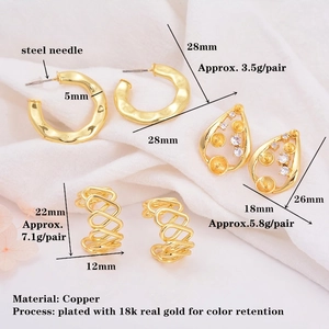 18K gold plated copper jewelry components including hoop earrings and hollow charms