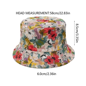 Detailed sizing chart for floral sun hat showing 58cm circumference and 6cm brim width