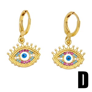Vintage gold evil eye drop earrings with pink and blue enamel inlay for women