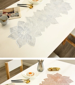 Detail of hollow leaf pattern table runner in silver and rose gold PVC material