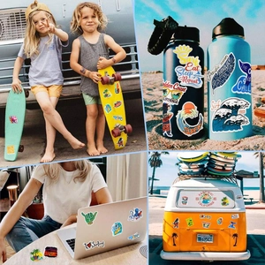 Collage of waterproof beach stickers on skateboards, water bottles, and laptops