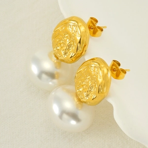 French vintage gold textured stainless steel earrings with large white pearls