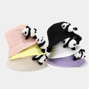 Kids Bucket Hat Cotton Breathable Sun Protection With Cute Panda Plush Doll And Windproof Rope For Summer Outdoor