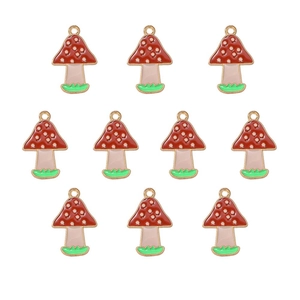 Detailed set of 10 red enamel mushroom charms with gold edges and white dots