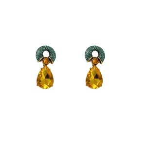 Vintage water drop earrings with yellow and orange crystals and blue micro-pave details