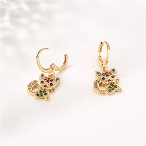 Golden cartoon cat hoop earrings featuring colorful micro-pave rainbow rhinestones