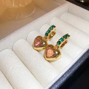 Heart Hoop Earrings With Pink And Green Zircon Copper 925 Sterling Silver Earring Post French Vintage Sweet Jewelry