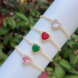 Elegant Heart Zirconia Bracelet For Women 18K Gold Plated Copper Colorful Heart Shaped Gemstone Pave Bracelet Daily Jewelry