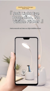 Smartphone screen testing the flicker-free LED desk lamp with white pen holder base